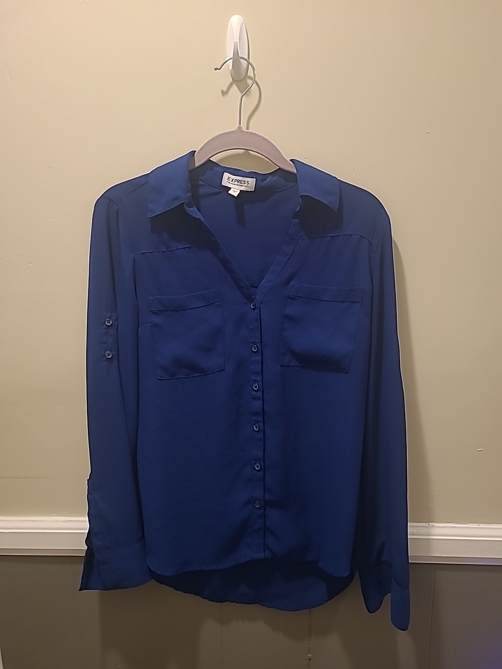 Express Portofino Shirt Womens Small Royal Blue Button Up Roll Tab Sleeve Blouse